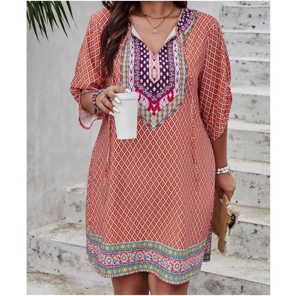 Plus Tribal Print Neck tie Mini Dress - Picture 8 of 9